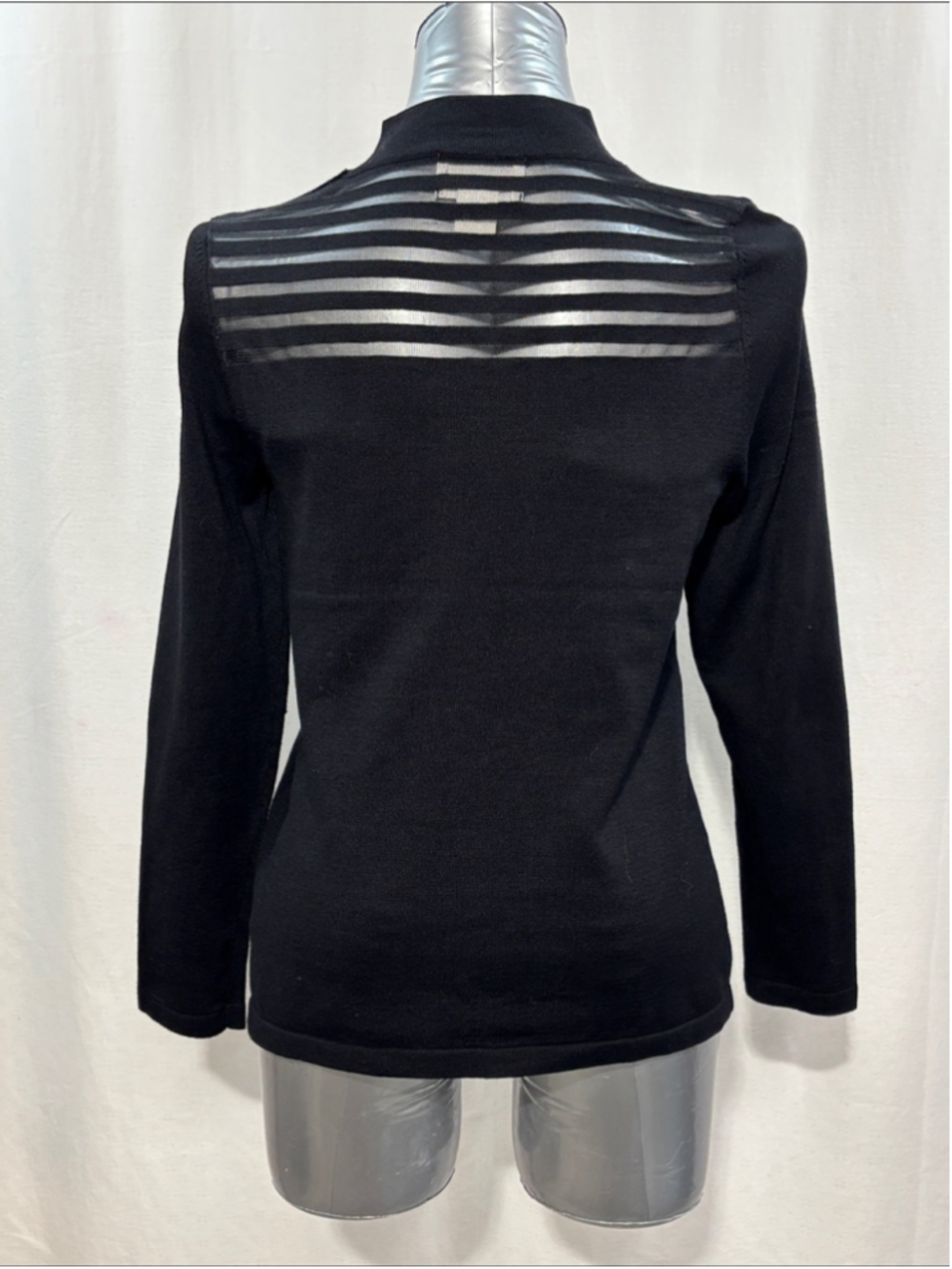 Andrea Jovine Black Mock Neck Knit Sweater with Sheer Stripe Yoke 358 stretch - Picture 2 of 4